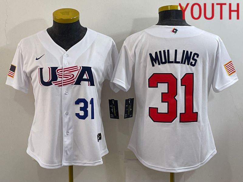 Youth 2023 World Cub USA #31 Mullins White MLB Jersey2